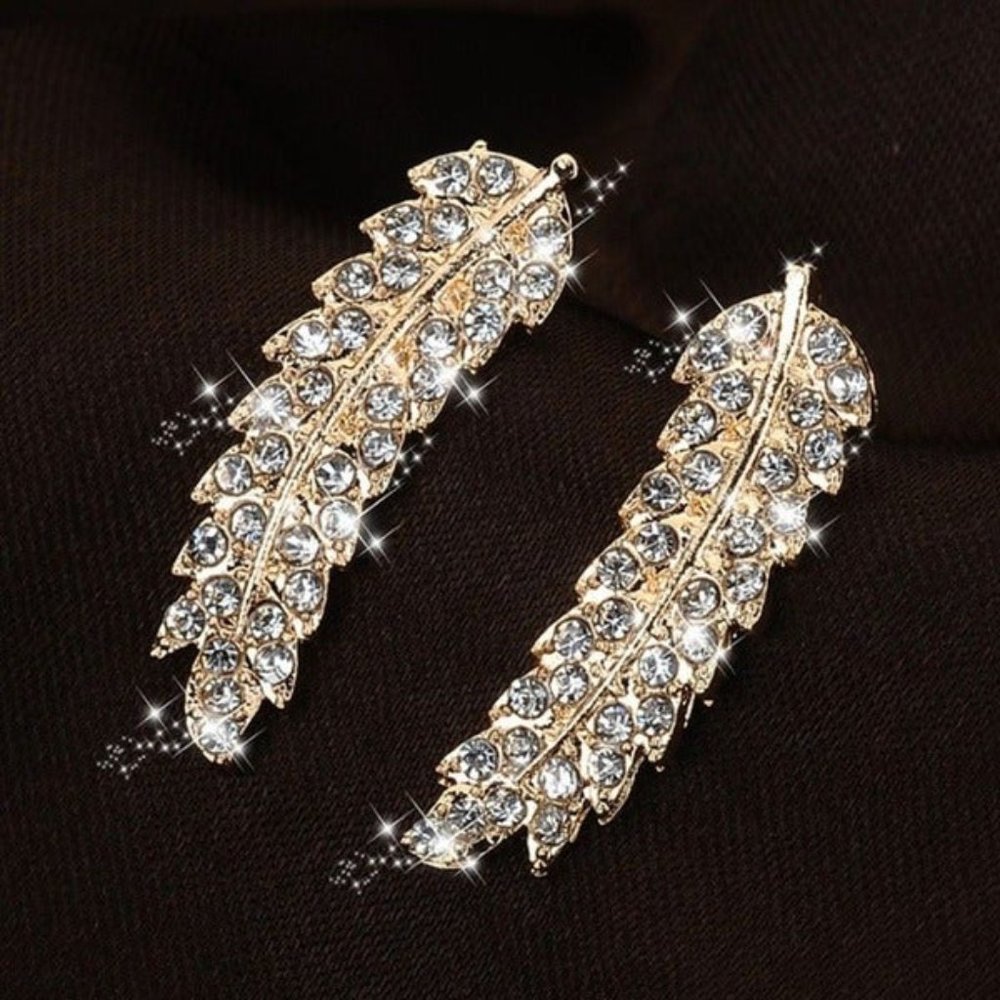 Pave Cubic Zircon Leaf Earrings in Gold